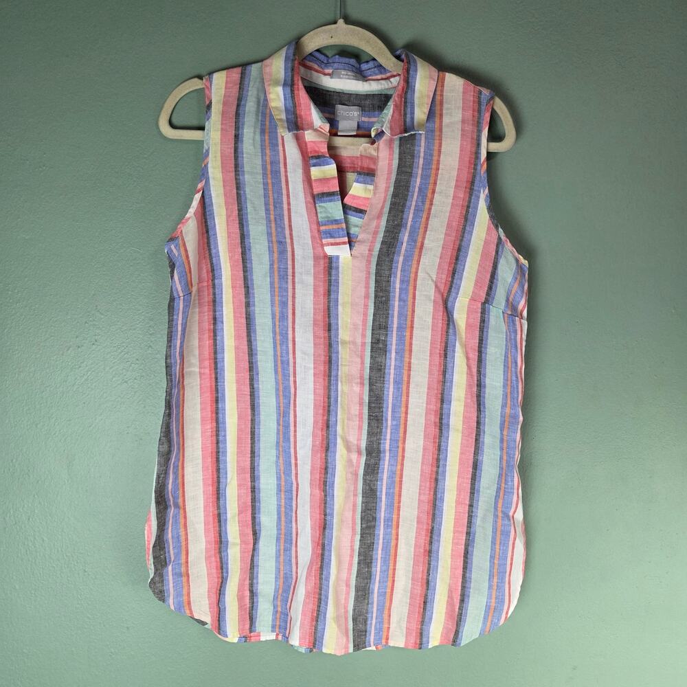 Chicos Womens No Iron Sleeveless Linen Tunic Tank Top Size 0 Artistic Striped